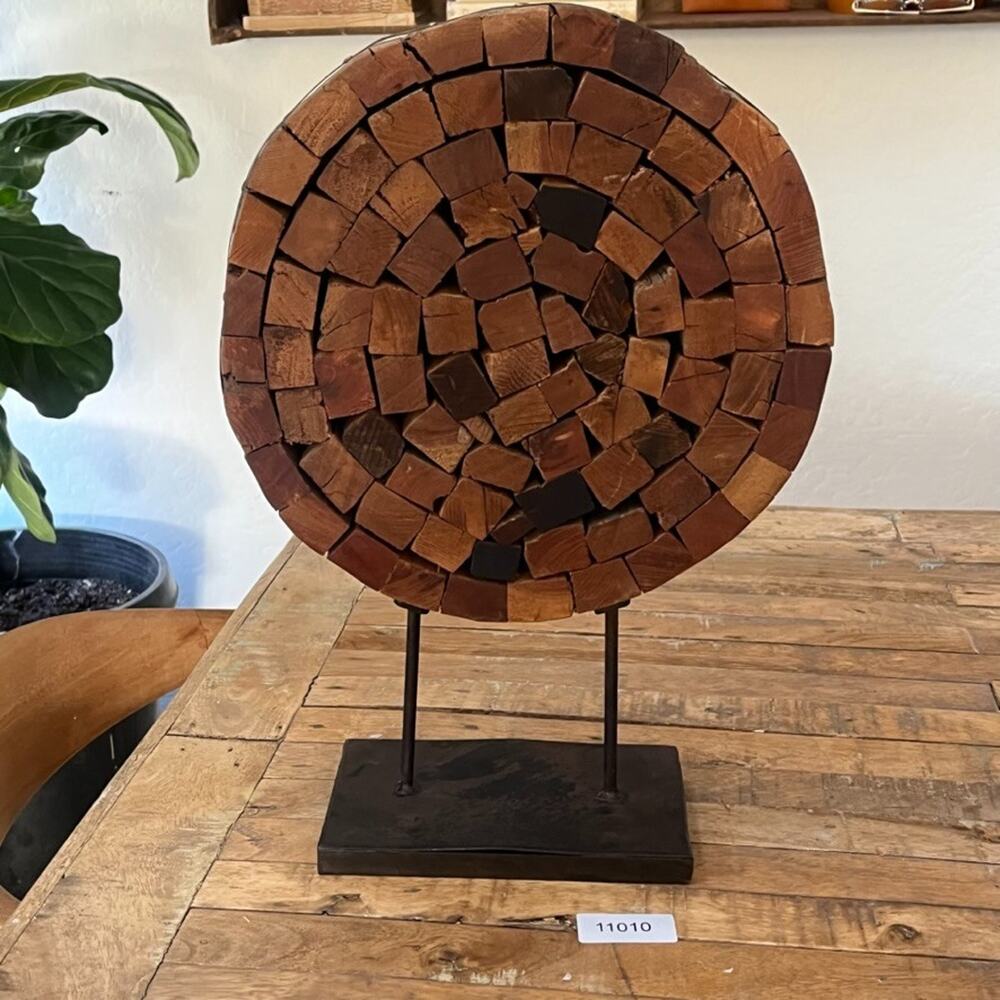 Individual Mosaic Wooden Blocks Wheel Sculpture On Base Stand 18" Tall - Picture 8 of 8